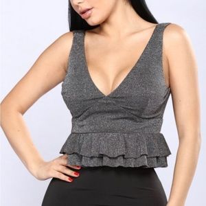Black Sparkle V Neck Ruffle Top